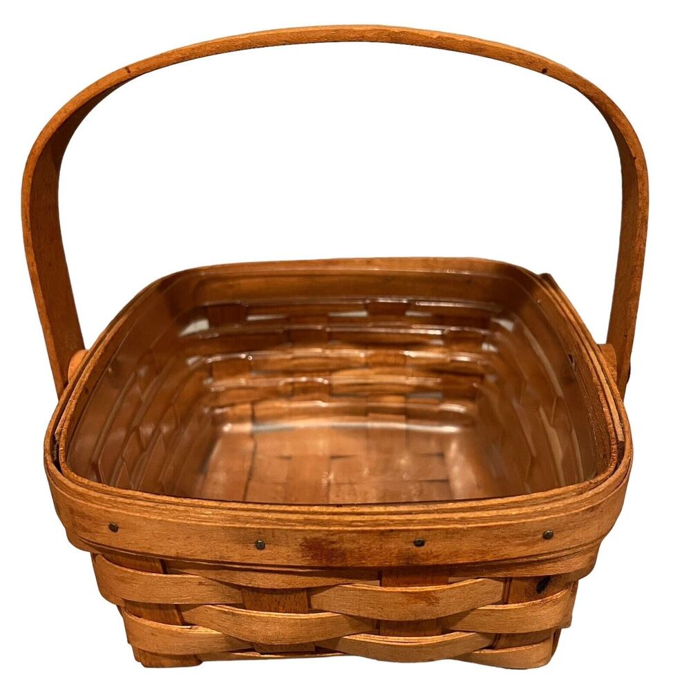Vintage 1990 Longaberger Handcrafted Wooden Basket With Clear Insert 7 x 7 x 4
